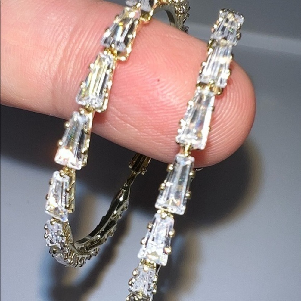 NEW 925 STERLING SILVER STAMPED WHITE DIAMOND GOLD EARRINGS large 2 inches